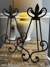 Vtg Copper Metal Display Stands (2) Easel Decorated Scrolled Fleur De Lis Design