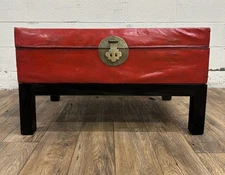 Vintage Asian Chinoiserie Red or Burnt Orange Lacquered Chest Trunk with Stand