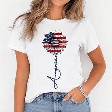 Patriotic USA Flag Sunflower Graphic Tee - America Script Floral Summer T-Shirt