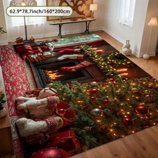 1pc Extra Large Christmas Fireplace Area Mat - Soft Flannel Non-Slip Floor Mat w
