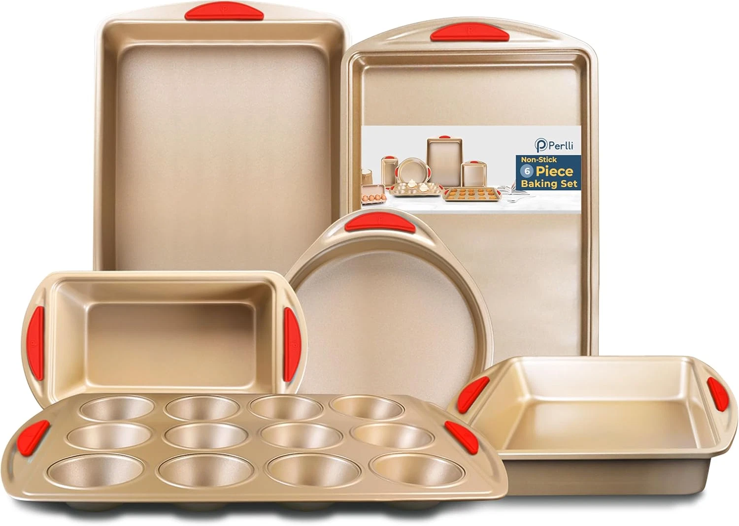 Baking Kit: Nonstick Gold Steel Oven Set- 6PC round Cake Pan,Loaf Pan,Square Pan