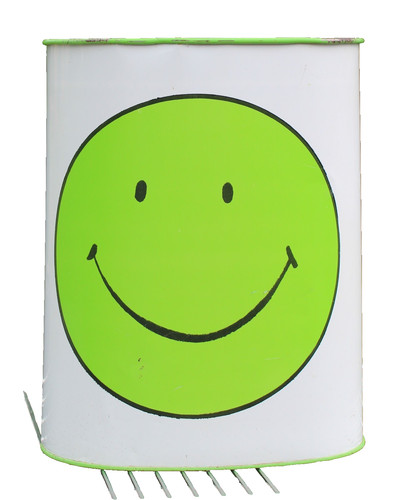 Vintage 70's Cheinco Smiley Face Green / White Metal Wastebasket Trash Can