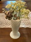 Vintage White Milk Glass Hobnail Vase Scalloped Rim Pedestal Vase Large Bouquet