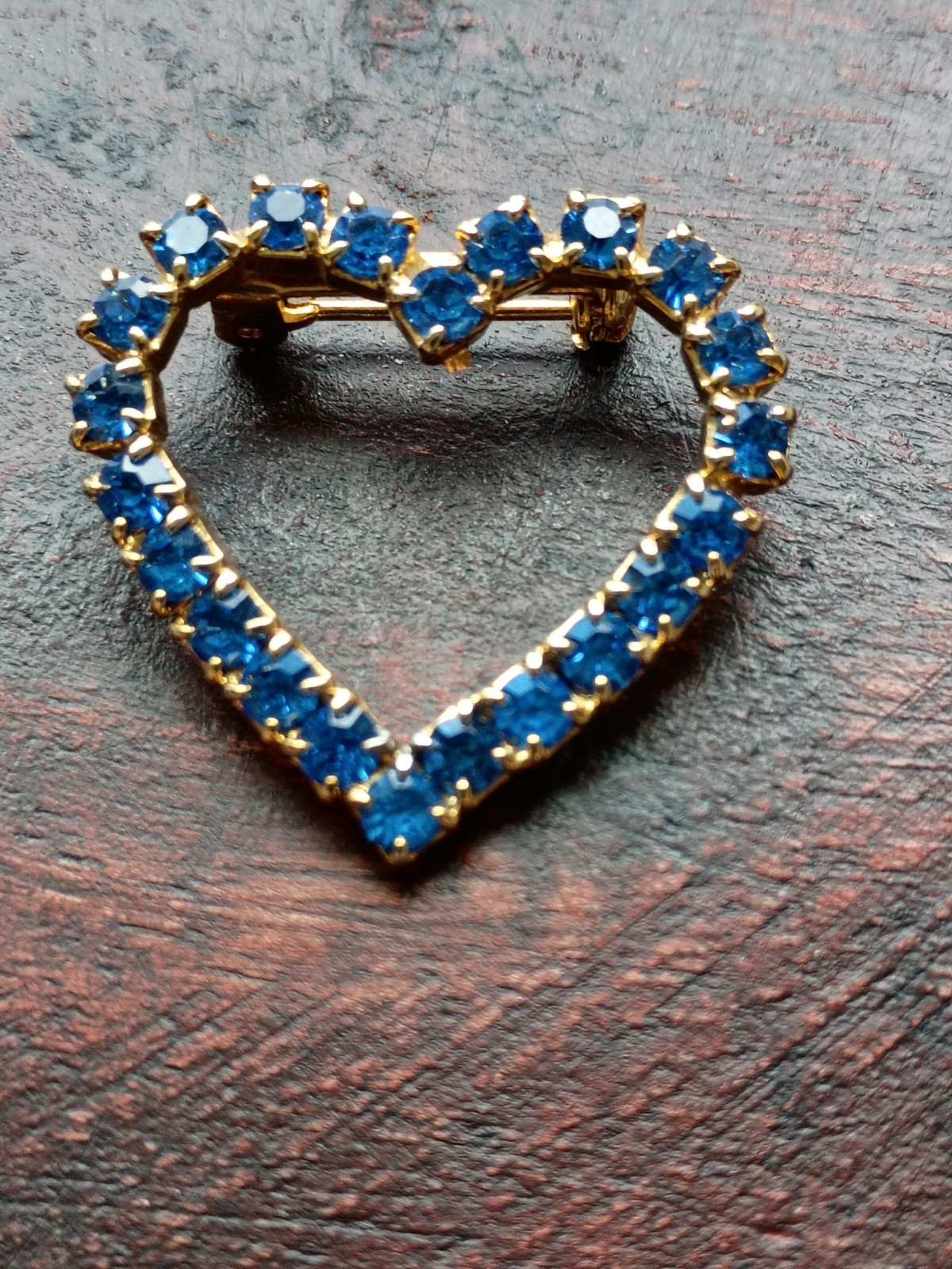 Vintage Blue Rhinestone Gold Tone Heart Shaped Brooch Pin