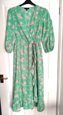 New Look Tall Maxikleid grün Blumenmuster fest in der Taille Wickeloptik UK Größe 10