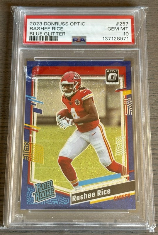 PSA 10 GEM MT 2023 Donruss Optic RASHEE RICE (RC) Blue Glitter Prizm