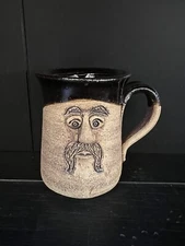 3D Bearded Man Face Stoneware Coffee Cup Signed WA Mug Pottery