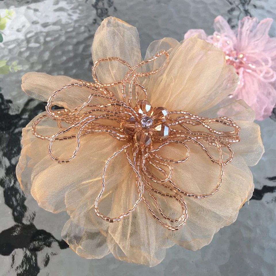 1PC Beaded 3D Flower Patches Organza Applique DIY Headdress Clothes Decor Craft - Image 3 of 4