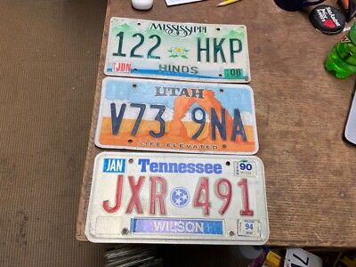 Great Patina Rustic Lot of 3 Different States License Plates Tennessee Utah Miss