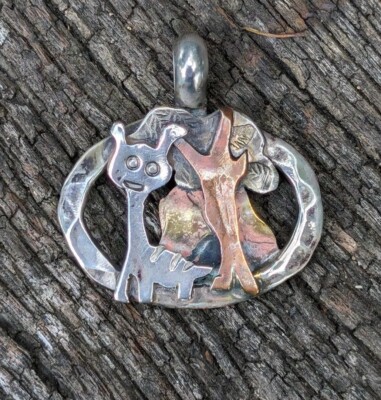 Wonky Little Giraffe Hand Made Artisan Sterling Silver Copper BrassPendant .A27d