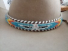 Vintage thunder bird beaded leather western hatband w/silver conchos