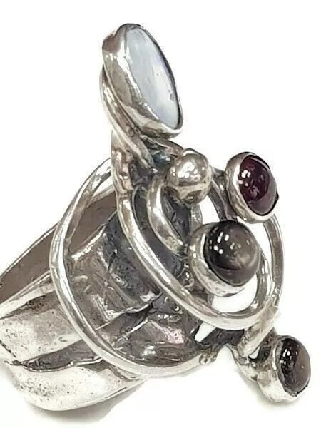Vintage 80's Rachel Gera Big Ring Silver 925 Opal Garnet Signed