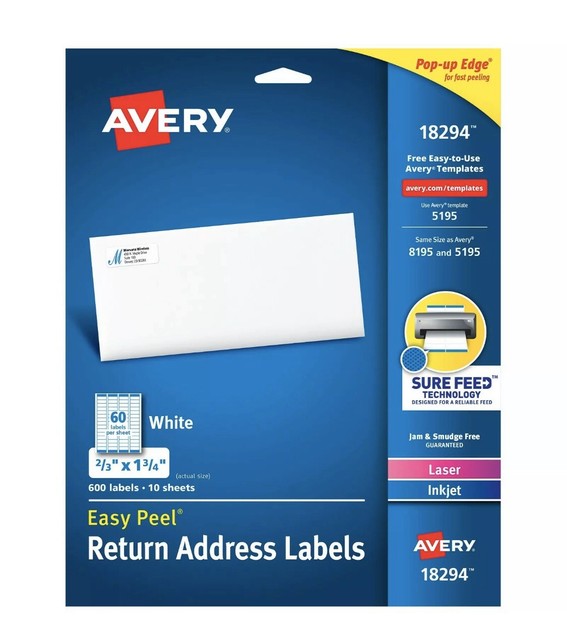 New Avery 18294 Easy Peel white return address label 2/3" x 1 3/4" 600 ...
