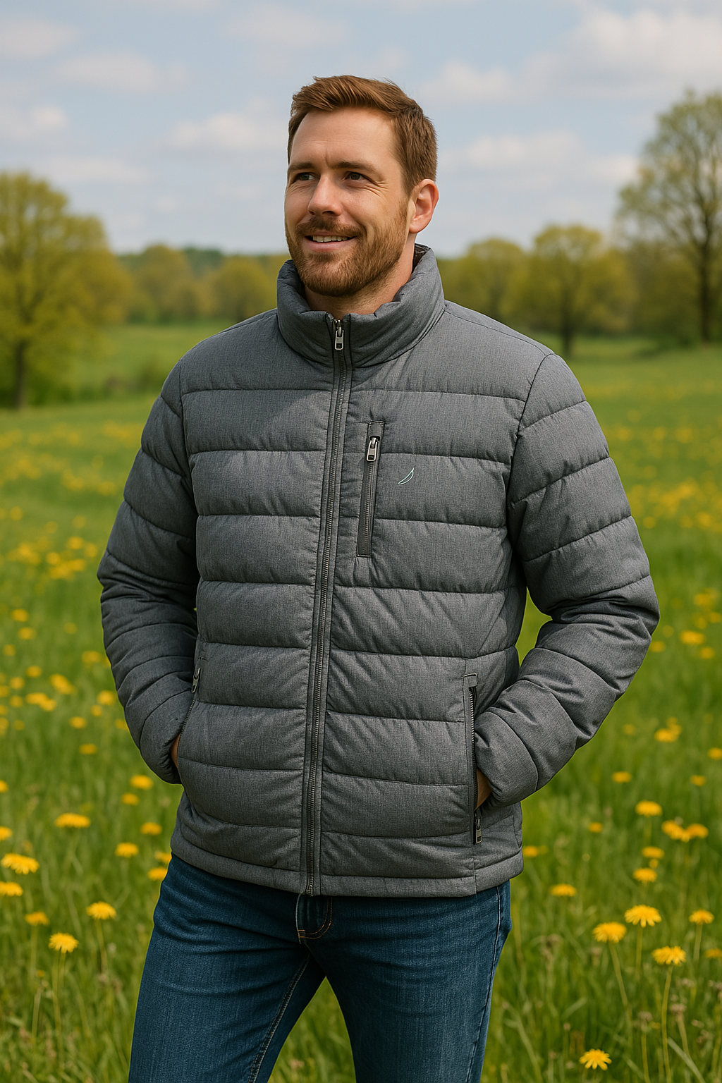 Nautica XL Puffer Jacket Gray Water Wind Resistant Quilted Zip Pockets Warm