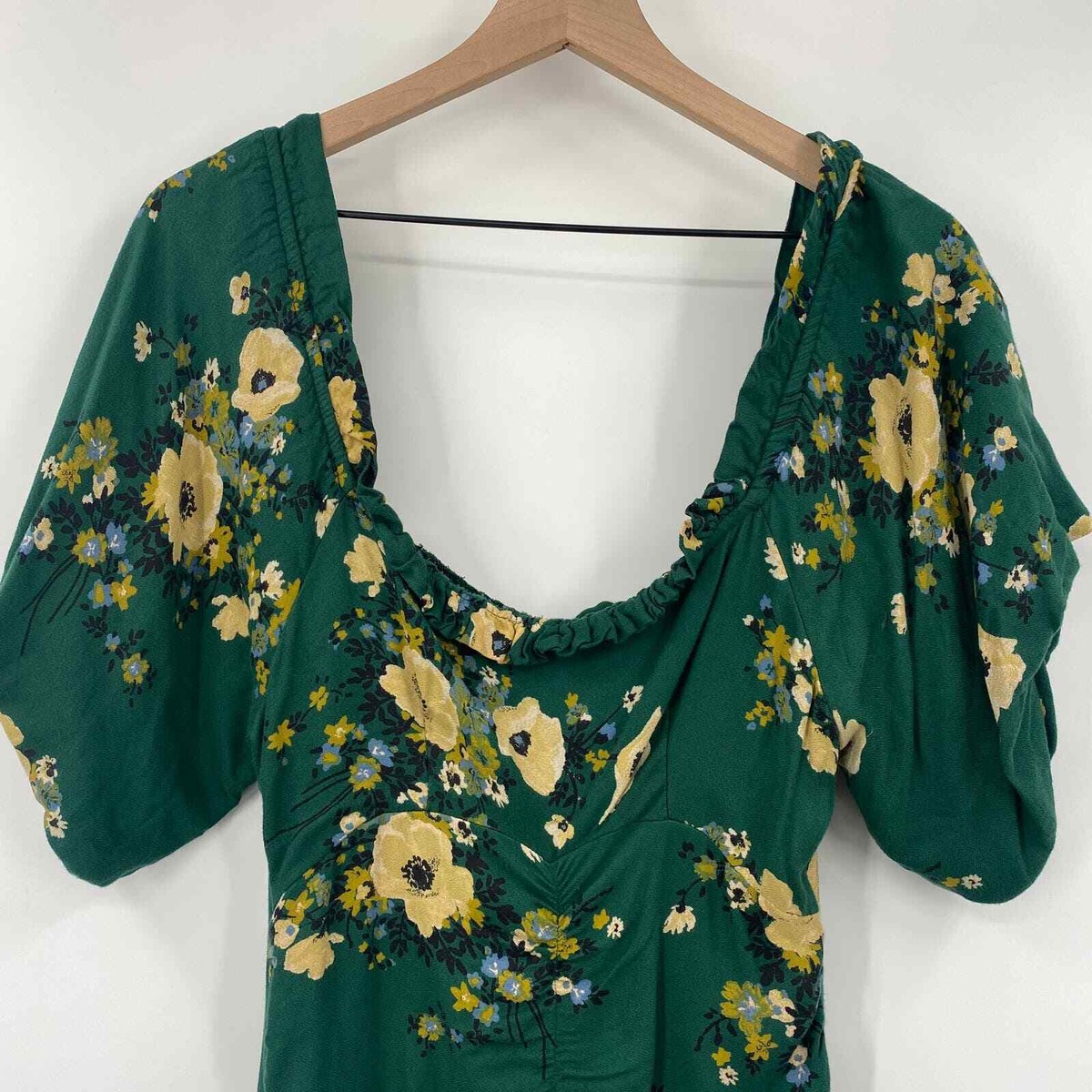 urban outfitters green floral mini dress 'Hello Sunflower' Floral Print Spaghetti Strap Ruched Front Mini Dress with  Tiered Ruffle Hem in Green (4764DM) main image 0