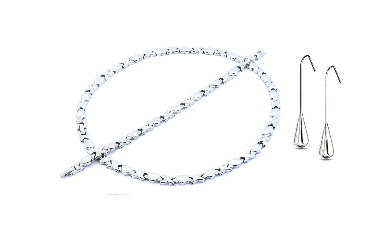 "Silver Hugs And Kisses Necklace Bracelet & Long Earrings Set Stampato XOXO 18\""