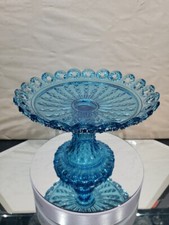 Rare Open lace rim COMPOTE Antique pressed Glass Blue attr Portieux Vallerysthal