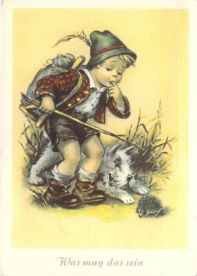 Children's postcard ''What might that be'' boy dog hedgehog CeKaDe card around 1960