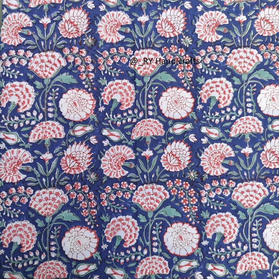 Blue hand Block Printed tablecloth Indian Floral Cotton Custom Table cover - Image 3 of 4