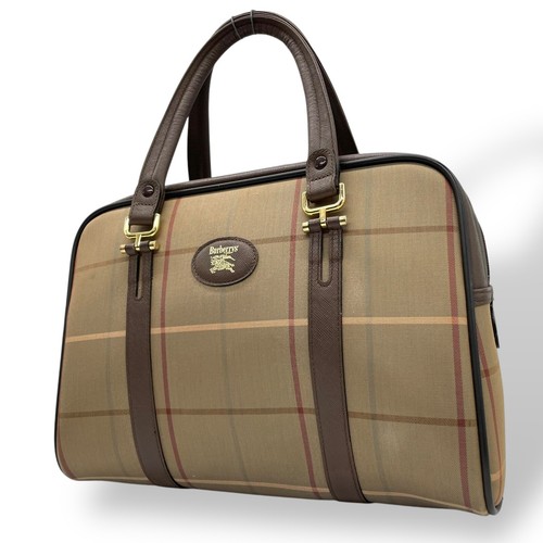 Authentic BURBERRYS Check Mini Boston Bag Canvas Leather Brown Vintage Z1