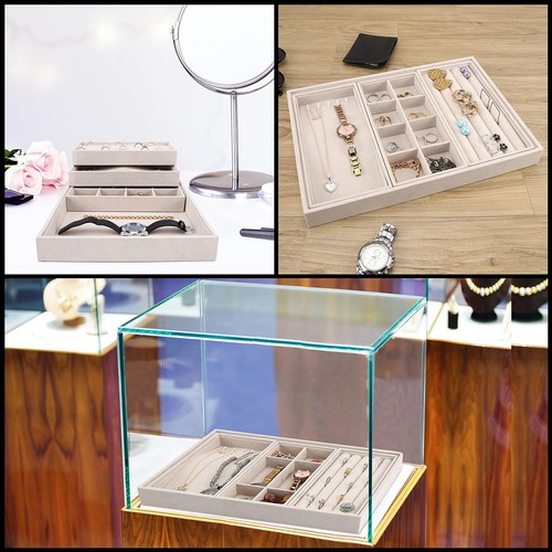 Belle Vous 4 Pack of Cream Velvet Stackable Jewellery Organiser Storage Trays - Picture 7 of 7