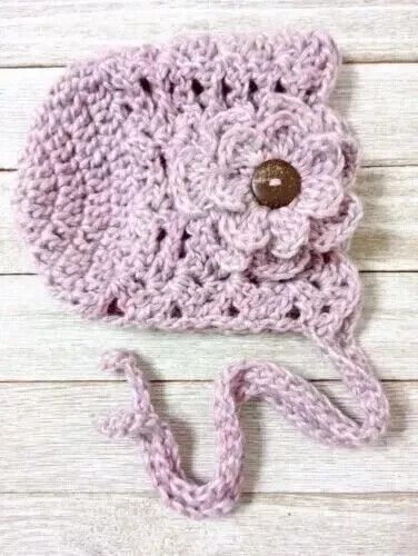 handmade crochet baby flower hat bonnet newborn 0/3 shimmer mauve shells