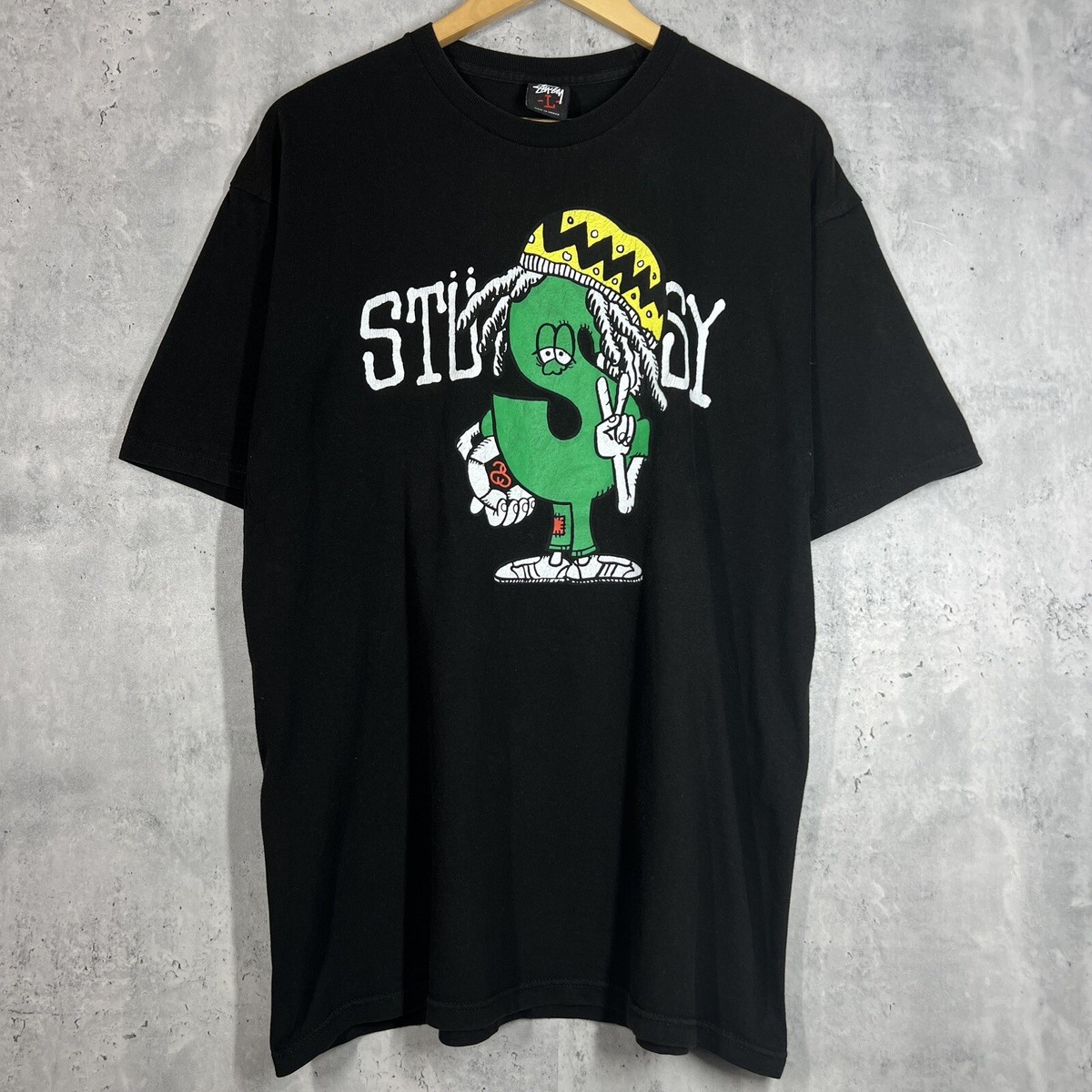 Vintage Stussy Character Cartoon Logo Spell Out Tee Shirt Black L