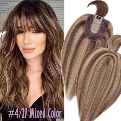 100% Echthaar Topper Toupee Toupet Haarteile Clip In Hair Extensions mit Pony DE