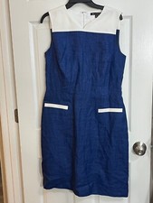 Brooks Brothers Blue White Sheath Dress Size 12 Linen Blend Lined Sleeveless