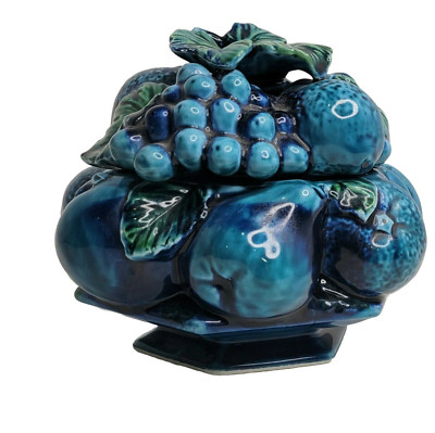 Inarco Indigo Blue Cookie Candy Jar Pear Grape MCM  Fruit Blue Vtg Retro Japan