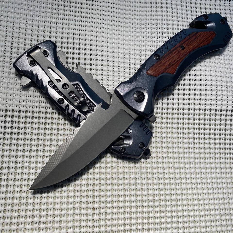 "Cuchillo de bolsillo de caza plegable hoja abierta asistida por resorte táctico de madera 9,25""" Foto 4 de 4