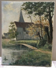 Landscape Postimpressionniste View A Village School French Xixth Signed Constant