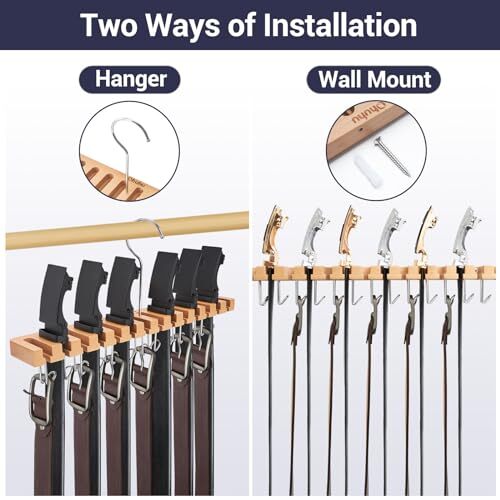 Belt Hanger Organizer for Closet, 2 in 1 Wall Mount belt hanger with hooks - Picture 3 of 7