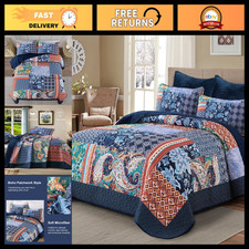 King Size Patchwork Quilt Set - Navy Blue Boho Bedspread Coverlet, Cozy Bedding