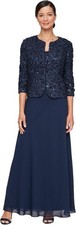 Long Navy Gown w/ Soutache Sequin Jacket by Alex Evenings Empire Waist Size 18