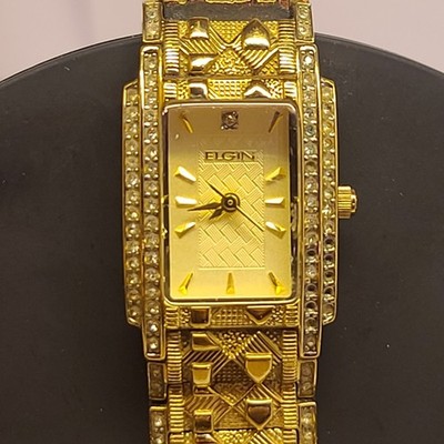 Elgin Luxury Cocktail Tank Watch EG2002 - rhinestone crystal - gold