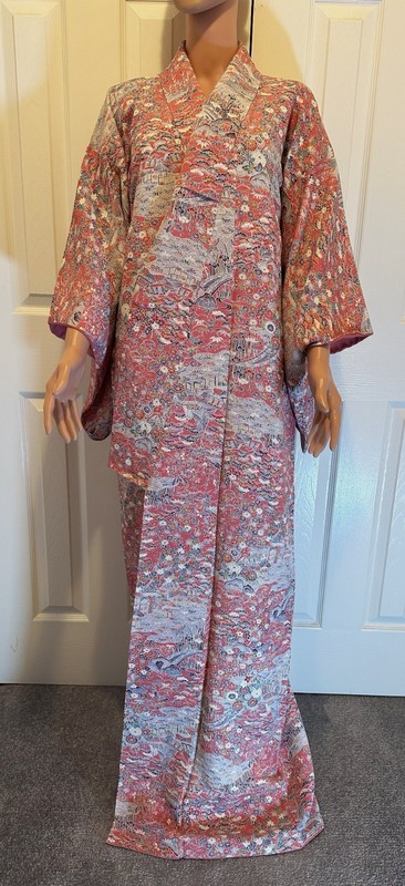 Visiting Komon kimono, crepe, floral and landscape pattern, pink, multicolor