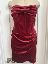 Bardot Mini Dress Red Velvet Corset Strapless Draped Medium 6 NWTs
