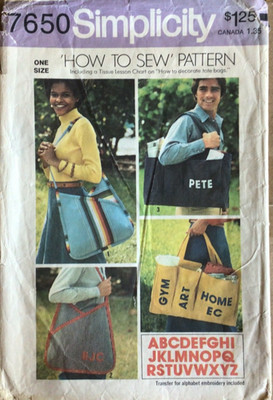 SIMPLICITY 7650 How to Sew TOTES & TRANSFER SEWING PATTERN  1976 CUT