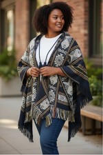 Tejidos Diaz Poncho Navy Cream Multi Aztec Patterned Wool Blend Fringe ONE SIZE