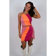 Blushing Brunette Don't Need You skirt top set pink suede color block XS western