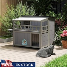 2-Tier Wooden Cat House Weatherproof Outdoor Shelter W/ Balcony Easy Assembly US