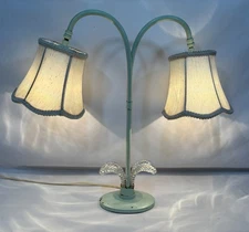 Antique Art Deco Double Gooseneck Metal Tole Table Lamp Crystal Glass Leaves