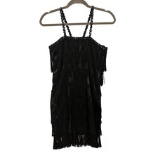 Black Sequin Fringe Flapper Dress Mini Sleeveless Great Gatsby Party Small