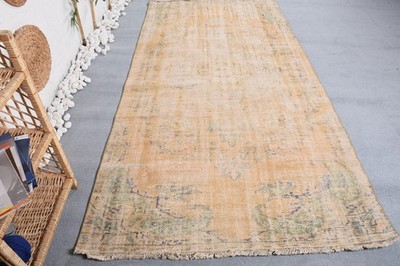 Turkish Area Rug 4,2x8,6 ft, Vintage Beige Floral Wool Rug