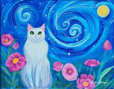 Original White Cat Flowers Painting 14x11 Whimsical Expressionist Art AMBER K