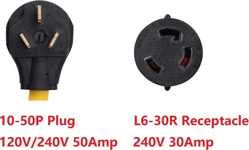 Enchufe macho 3 clavijas ONETAK NEMA 10-50P a L6-30R 240V 30 Amp 3 amarillo - Imagen 2 de 2