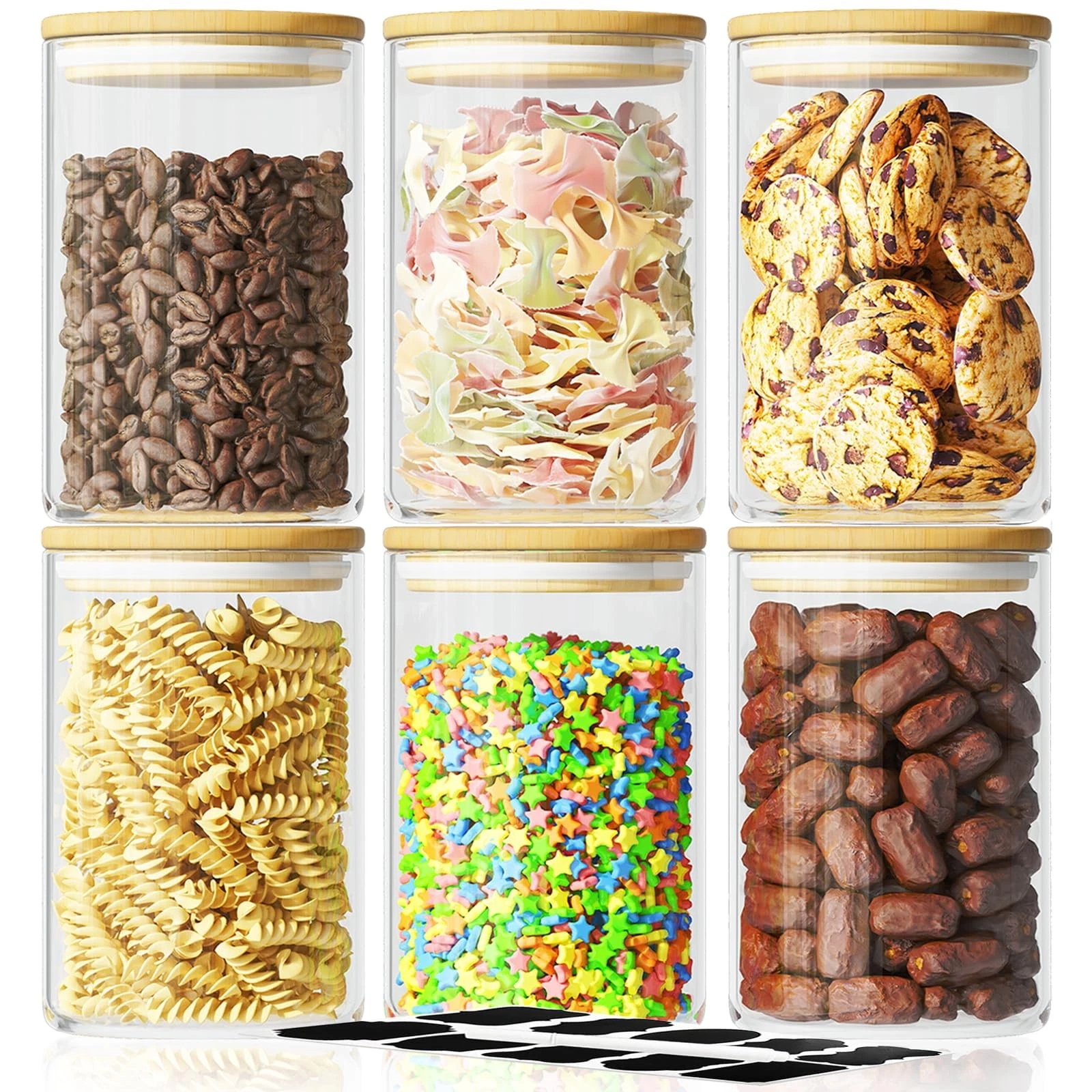 6 Piece Glass Storage Jars Set with Airtight Lids and Labels, 37oz/1100ml Gla...