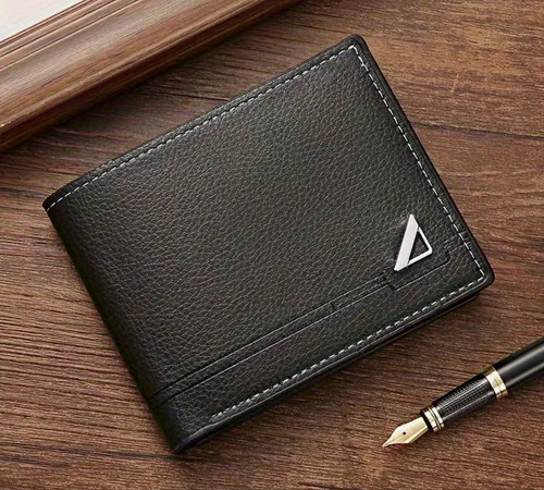 Men's Black Leather Slim Bifold Wallet Credit Card Holder Logo 4.99x3.9in