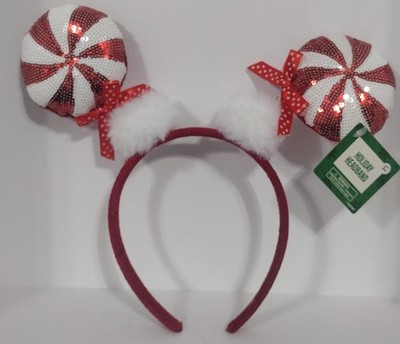 Festive Voice Mickey Mouse-Style Ear Peppermint Swirl Design Headband White/Red